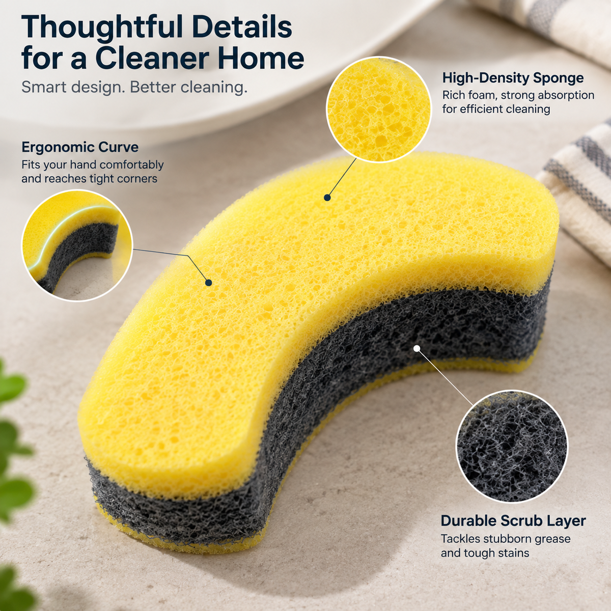 Ergonomic Dual-Layer Kitchen Scrub Sponge