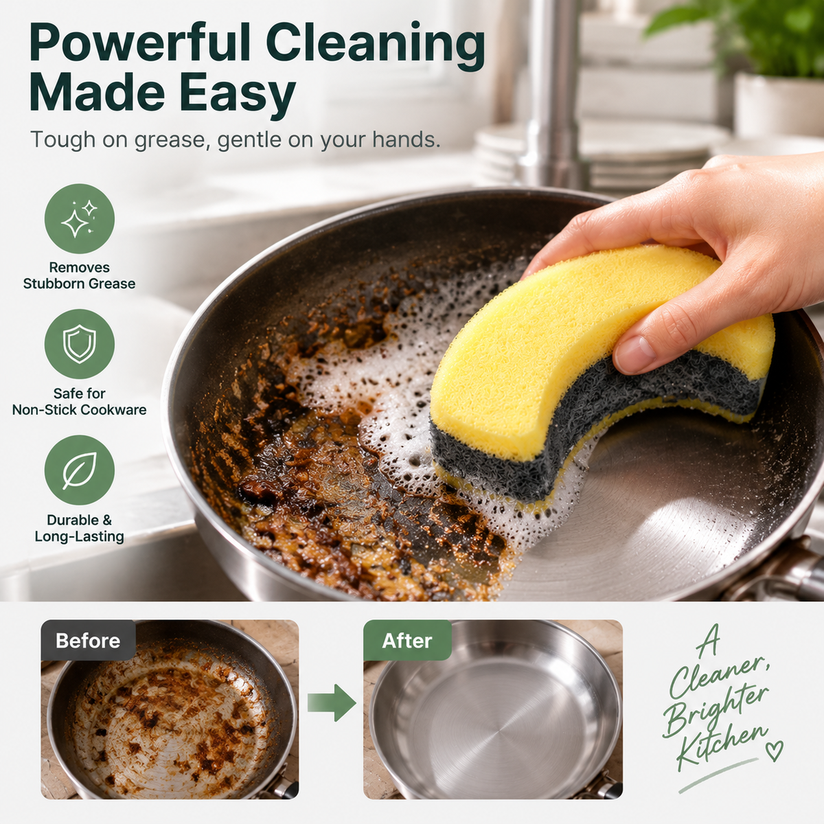 Ergonomic Dual-Layer Kitchen Scrub Sponge